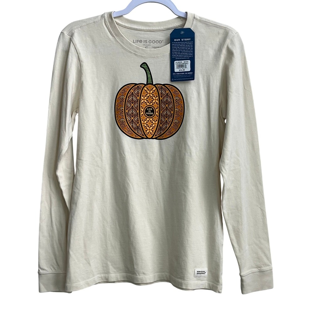 Life is Good Womens Small Pumpkin Mandala Long Sleeve Crusher Tee White NEW